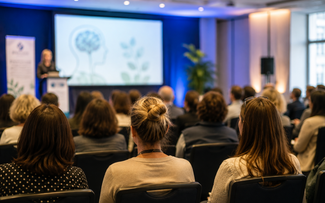 Audience seated at a conference watching a speaker present, with a large screen showing a brain and mental health icon behind the podium.